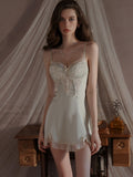 G-4240 Women's Sexy Lace Satin Cami Nightdress with Built-in Pads, Lingerie Sleepwear Robe Set