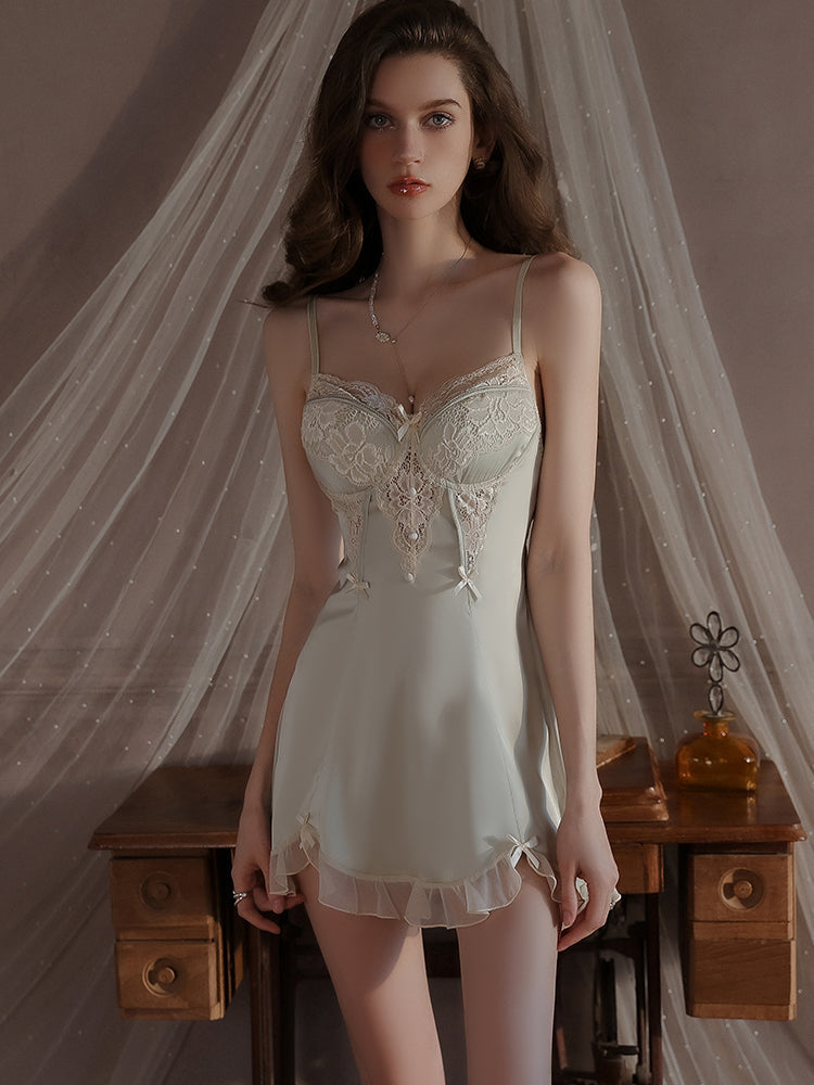 G-4240 Women's Sexy Lace Satin Cami Nightdress with Built-in Pads, Lingerie Sleepwear Robe Set