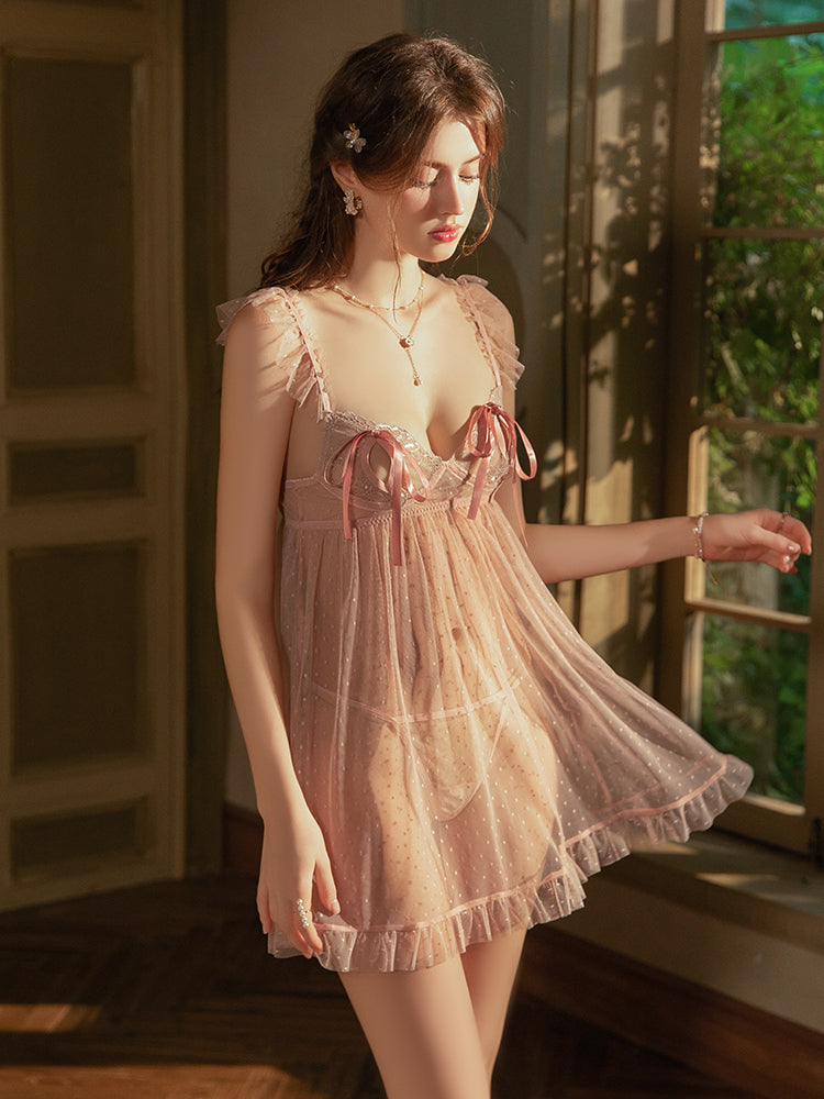 G-4939 Women's Sheer Mesh Babydoll Nightdress with Ruffle Trim, Sexy Lingerie Sleepwear Set