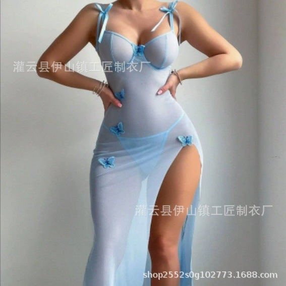 Sheer Mesh Backless High Slit Multicolor Dress