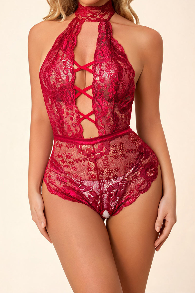 Deep Floral Lace Teddy with Criss-Cross Front