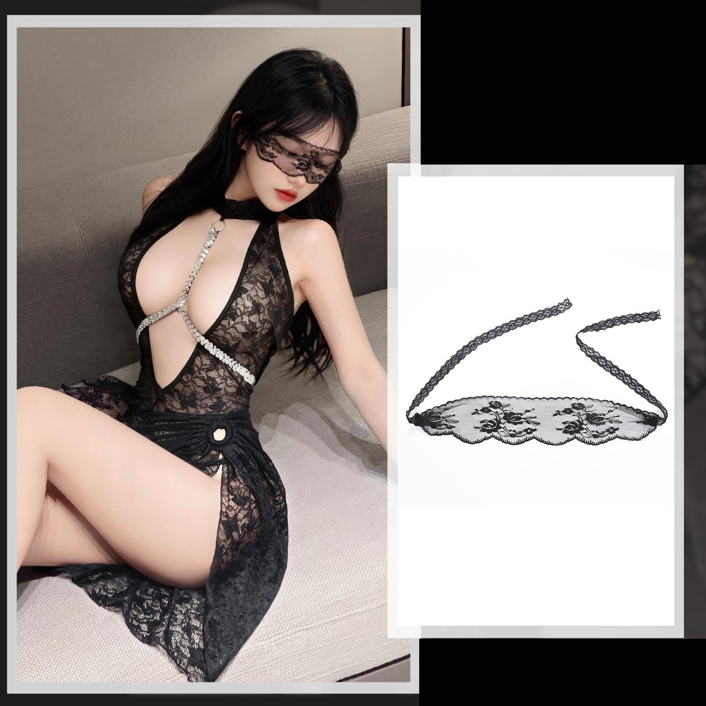 Flash Chain Breastpin Charming See-through Sexy Lace Dress