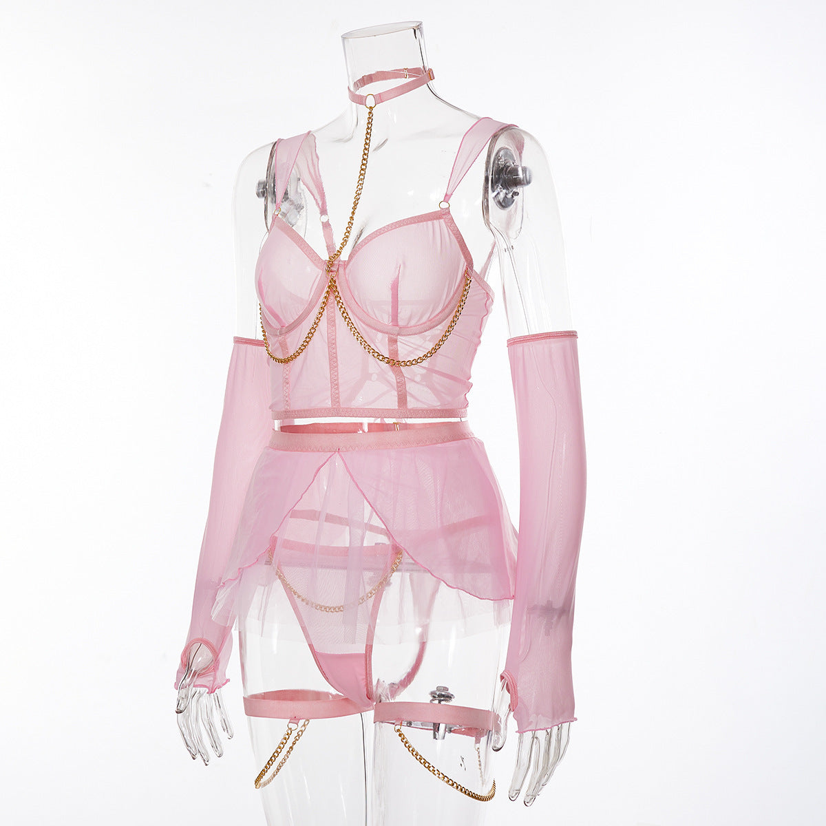 Mesh Neck Hanging Chain Sexy Lingerie Skirt Suit Assembly Gloves
