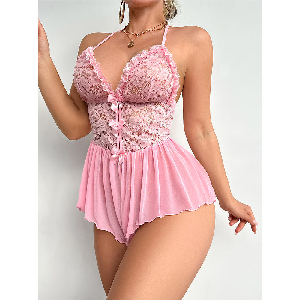 Pink Lace Stitching Bow Halter Lace Jumpsuit
