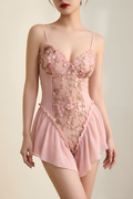 Deep V-neck Floral Embroidered Open-crotch Bodysuit【US warehouse】