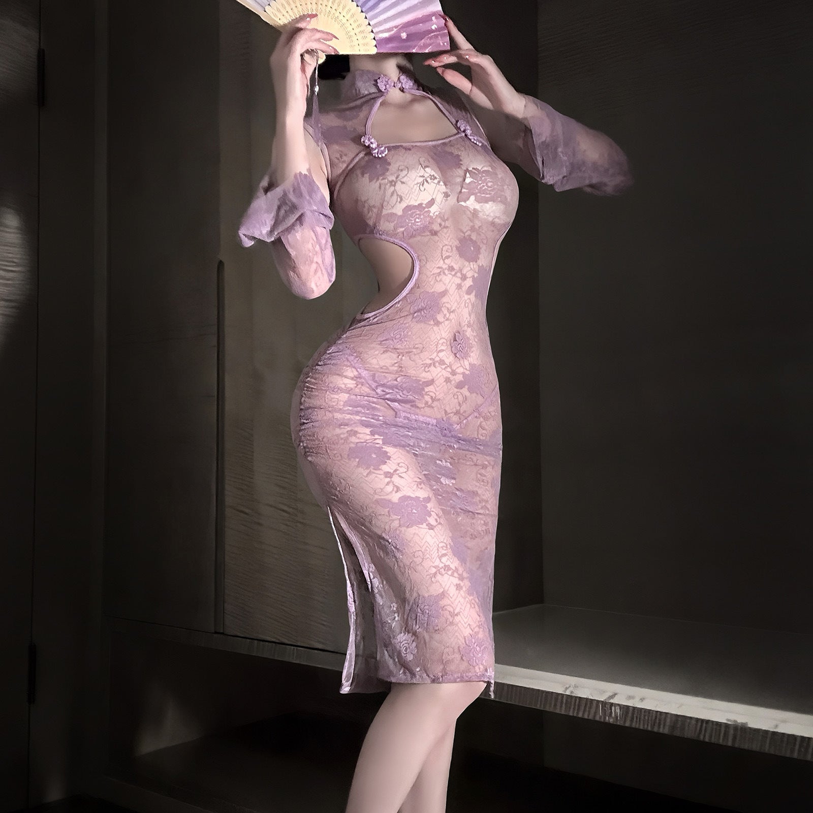 Chinese Style Lace See-through Purple Cheongsam Suit