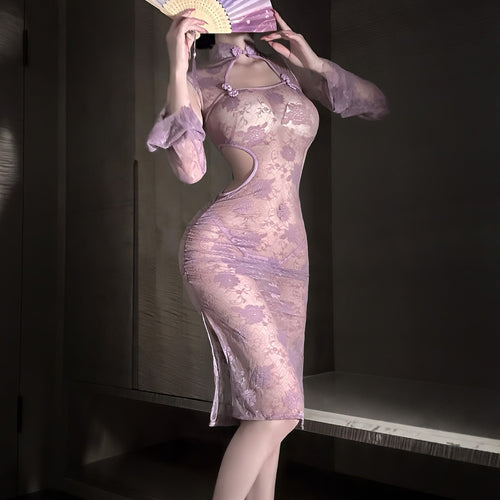 Chinese Style Lace See-through Purple Cheongsam Suit