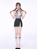 X-1006 Preppy Schoolgirl Cosplay Lingerie Set, Halter Deep V Dress with Necktie, 2-Piece Role Play Outfit for Women