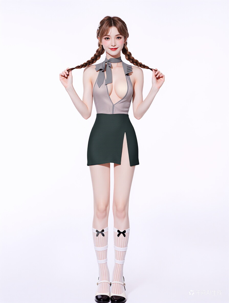 X-1006 Preppy Schoolgirl Cosplay Lingerie Set, Halter Deep V Dress with Necktie, 2-Piece Role Play Outfit for Women