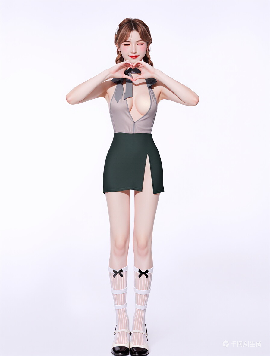 X-1006 Preppy Schoolgirl Cosplay Lingerie Set, Halter Deep V Dress with Necktie, 2-Piece Role Play Outfit for Women