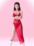 X-1005  Red Sheer Mesh Lingerie Dress 2-Piece, Halter Cutout Maxi Dress with Thong, Seductive Nightwear for Women