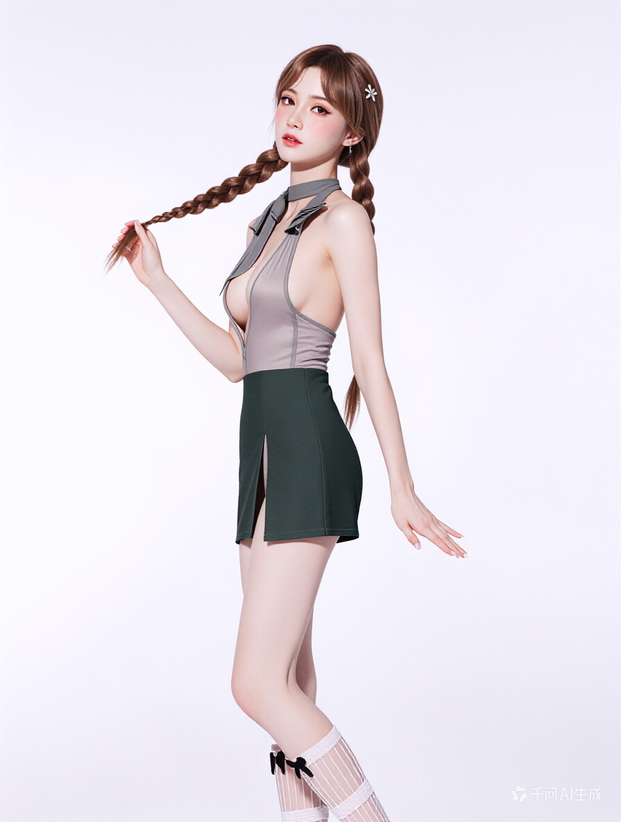 X-1006 Preppy Schoolgirl Cosplay Lingerie Set, Halter Deep V Dress with Necktie, 2-Piece Role Play Outfit for Women