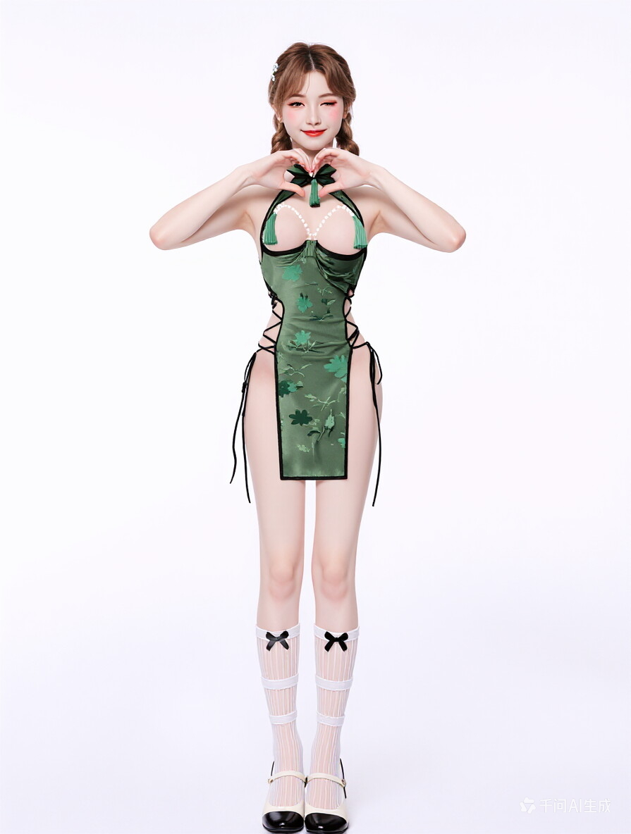 X-1003 Green Floral Cheongsam Lingerie Set with Side Tie, Traditional Cosplay Outfit for Women