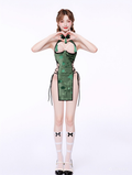 X-1003 Green Floral Cheongsam Lingerie Set with Side Tie, Traditional Cosplay Outfit for Women