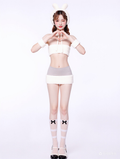 X-1001 Cute Bunny Cosplay Lingerie Set 5-Piece, Fuzzy Trim Tube Top & Mini Skirt with Ear Headband, Kawaii Anime Costume for Women