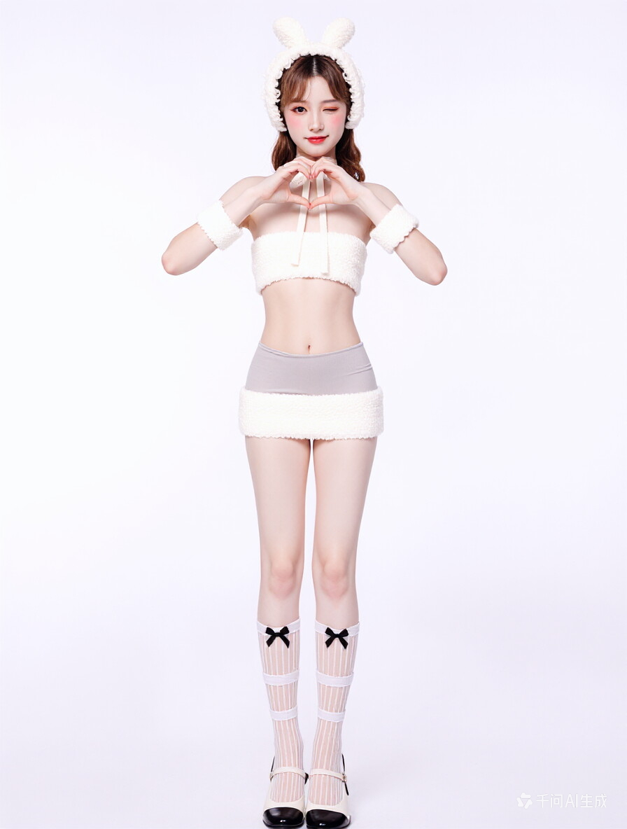 X-1001 Cute Bunny Cosplay Lingerie Set 5-Piece, Fuzzy Trim Tube Top & Mini Skirt with Ear Headband, Kawaii Anime Costume for Women